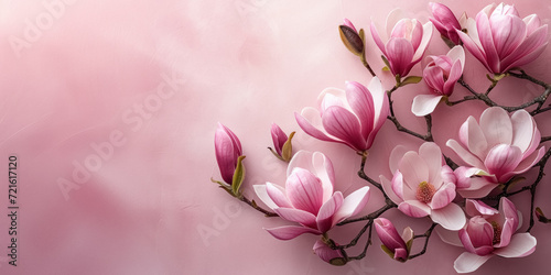 Magnolia branch with blooming pink flowers on soft pastel pink background with copy space  spring banner