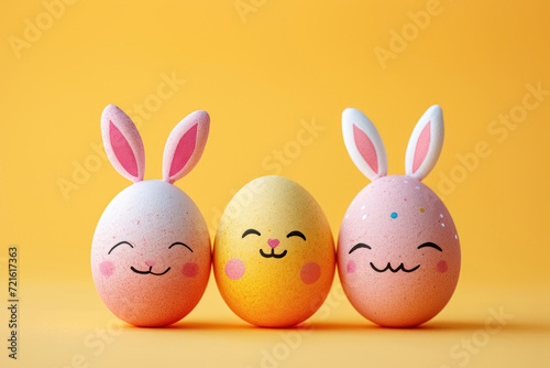 Three cute painted smiling Easter eggs pink and yellow with bunny ears on smooth yellow background, happy Easter greeting card