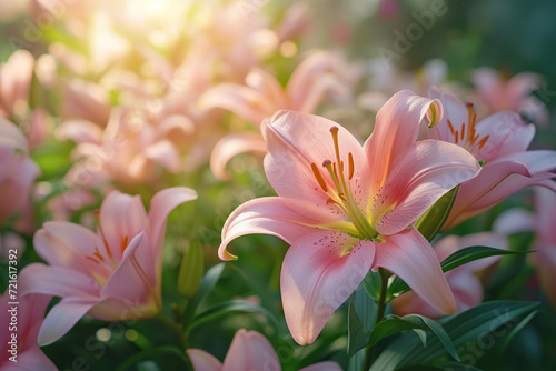 Blooming pink lilies close-up of the garden on sunny warm day  beautiful flowers on natural background with copy space  spring greeting card