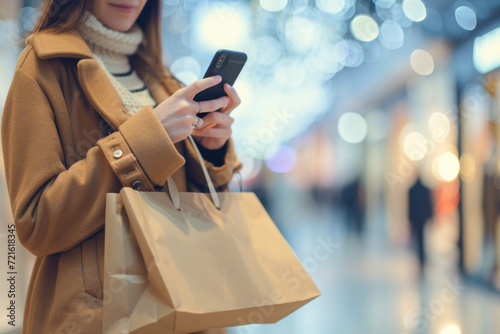 Black Friday, Woman using smartphone and holding shopping bag while standing on the mall background.