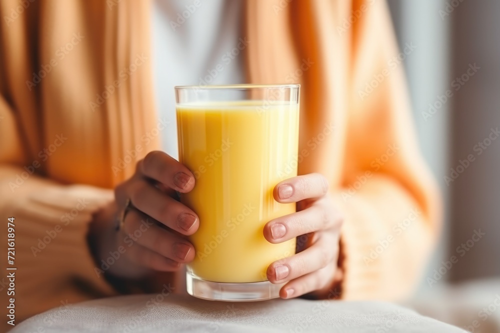 Turmeric latte. Yellow tea. A woman holds a mug of turmeric tea. Warming drink Turmeric latte. Yellow tea. A woman holds a mug of turmeric tea. Warming drink