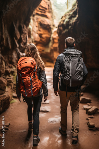 A tourist couple equipped with backpacks, walk holding hands through a narrow sunlit canyon, experiencing the natural beauty in their travels. © Jsanz_photo