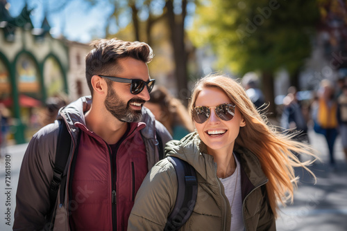 A smiling tourist couple enjoying a sunny holiday stroll on a bustling city street.