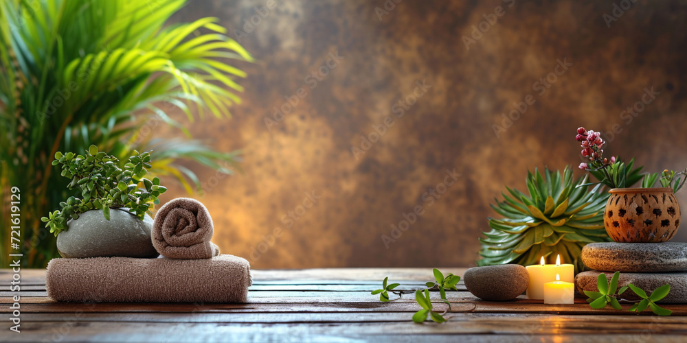 Relax with natural aromatherapy treatment ayurvedic spa in a room for luxury or wellness surrounded by nature. Health and ayurveda massage, skincare, spa relaxation concept. Copy paste place for text - obrazy, fototapety, plakaty 