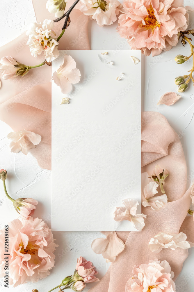 Overhead flat lay view of a blank white invitation stationery card with flowers