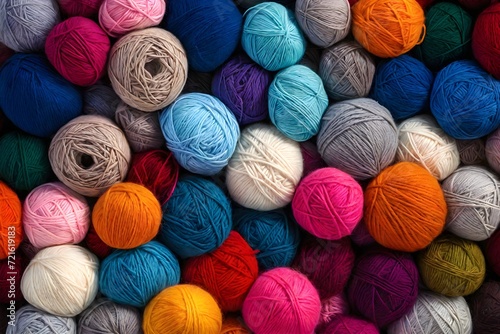 Many colorful yarn balls are sitting in a pile. Background from balls of wool yarn.