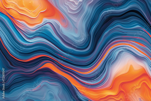 An abstract image with fluid swirls and waves in a mesmerizing dance of orange and blue hues  evoking a sense of movement