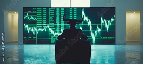 Green suited bull in old house with stock share graphics on monitor, bull market concept photo