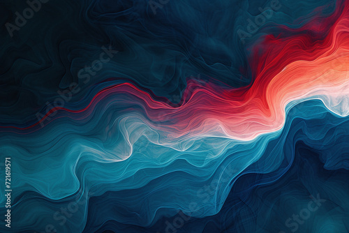 An abstract composition resembling smoke waves, where shades of red flow into cool blues, creating a sense of fluid dynamism and contrast.
 photo