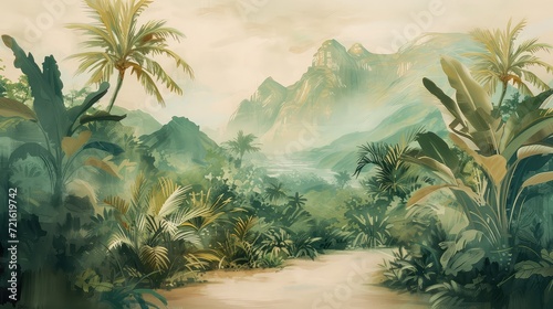 Watercolor pattern wallpaper. Painting of a jungle landscape in retro style.