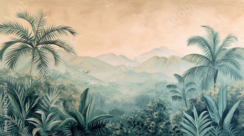 Watercolor pattern wallpaper. Painting of a jungle landscape in retro style. © Simon