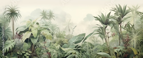 Watercolor pattern wallpaper. Painting of a jungle landscape in retro style.