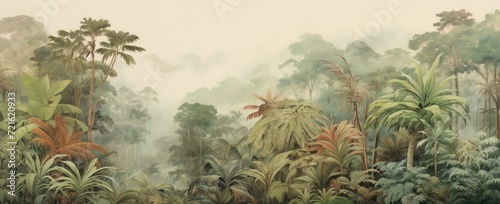 Watercolor pattern wallpaper. Painting of a jungle landscape in retro style. © Simon