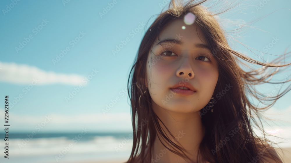 風に髪がなびいているロングヘアの美女のモデル 風に髪がなびいているロングヘアの美女のモデル