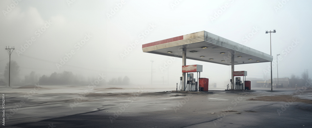 Fototapeta premium post apocalyptic cityscape, abandoned gas station on a foggy, gray morning, absence of people and cars, energy crisis