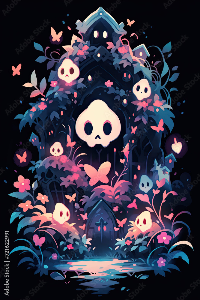 Eternal Beauty: A Delicate Balance of Life and Death, captivating painting featuring a beautifully adorned skull surrounded by vibrant flowers and graceful butterflies. Eternal Beauty: A Delicate Balance of Life and Death, captivating painting featuring a beautifully adorned skull surrounded by vibrant flowers and graceful butterflies.