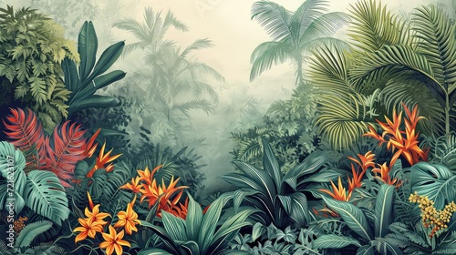 Illustration of a lush jungle landscape. Tropical wallpaper.