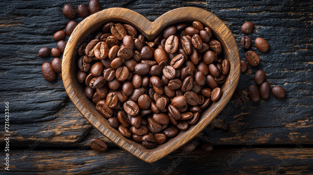Coffee beans in a heart-shaped plate, coffee beans scattered on a wooden table Coffee beans in a heart-shaped plate, coffee beans scattered on a wooden table