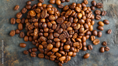 Heart shaped coffee beans isolated on vintage background. Heart symbol, roasted coffee beans . Still life of roasted coffee grains in the shape of a heart and love symbol