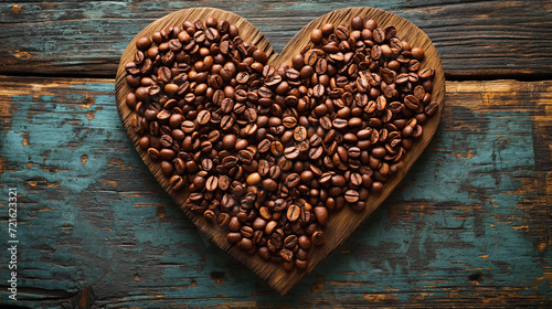 Coffee beans in a heart-shaped plate, coffee beans scattered on a wooden table