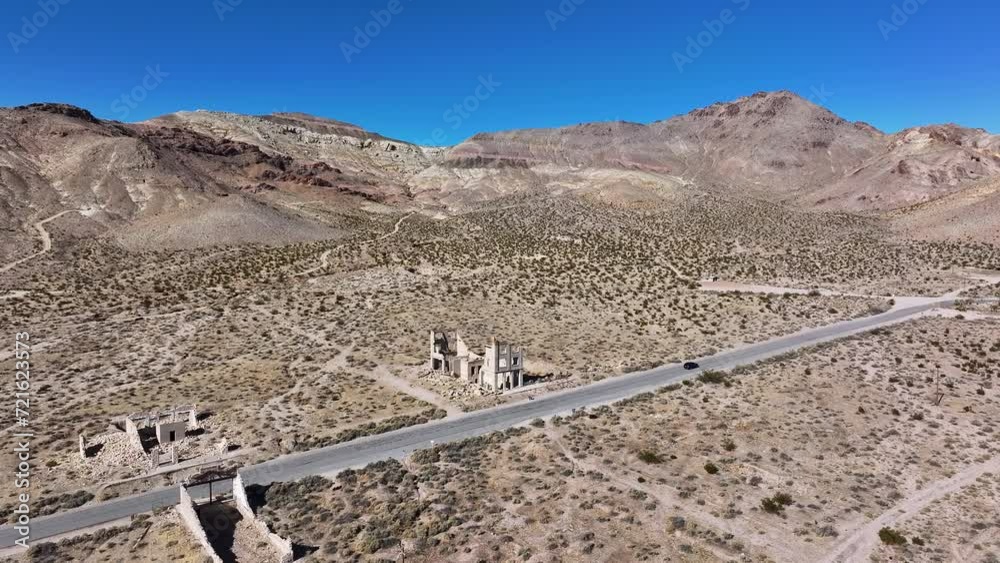 Aerial historic Rhyolite Ghost Town Nevada building ruins. Near Death ...