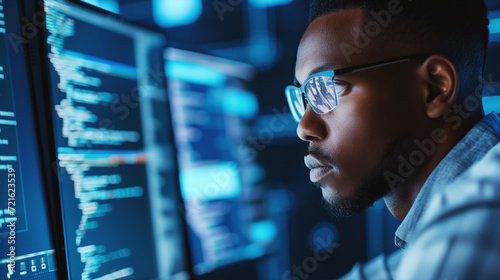 Close-up of a focused African American cybersecurity expert wearing glasses, analyzing complex data on multiple computer screens in a dimly lit office