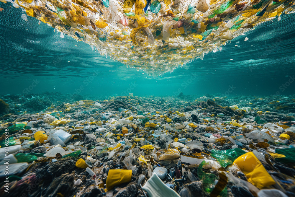 Foto de Tons of plastic waste covering the ocean surface. A massive ...