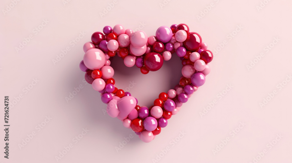 Multicolored Sphere Love Heart. Pink, Red Glass and Red Metallic Spheres arranged in a heart shape. 3D Render on pink background