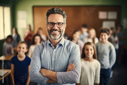 A smiling teacher in front of his students.
