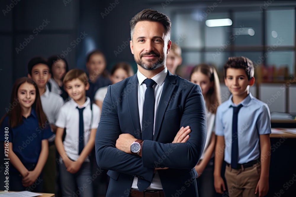 A smiling teacher in front of his students. A smiling teacher in front of his students.