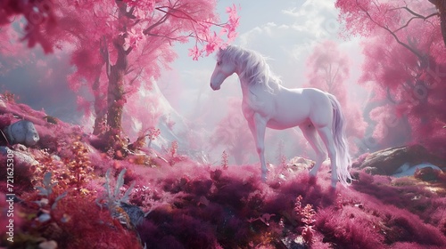 Pastoral Grace White Horse Amidst Mountains Forest Pink Hues photo