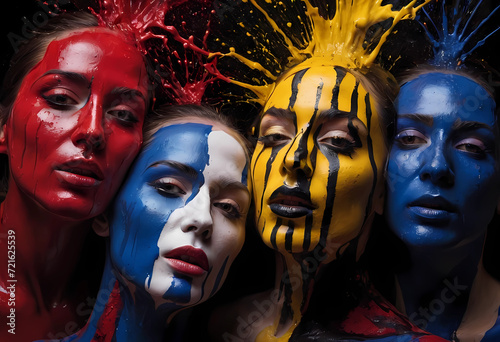 Faces of surreal colors with splashes of yellow, red, white, blue and black. 