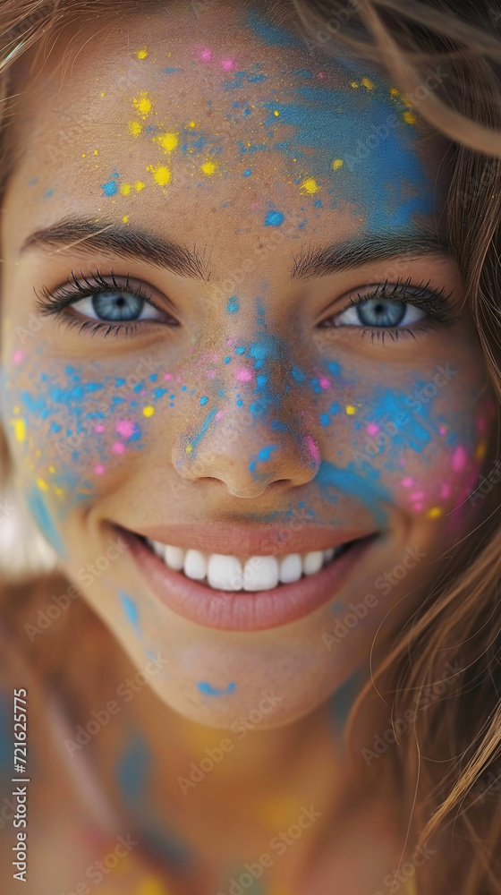 Beautiful woman smiling covered in colorful paint, bright blue eyes, happy Beautiful woman smiling covered in colorful paint, bright blue eyes, happy