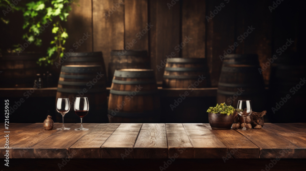 Old brown wood table on blurred cellar background, empty desk with wine glasses in restaurant, bar or cafe. Vintage wooden barrels in storage of winery. Concept of vineyard, product Old brown wood table on blurred cellar background, empty desk with wine glasses in restaurant, bar or cafe. Vintage wooden barrels in storage of winery. Concept of vineyard, product