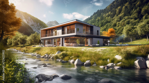 Modern villa with panoramic windows in mountains, luxury residential house by water in summer. Scenery of mansion, river, forest and sky. Concept of landscape, design, nature © karina_lo