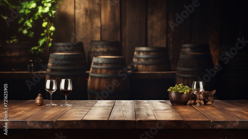 Old brown wood table on blurred cellar background, empty desk with wine glasses in restaurant, bar or cafe. Vintage wooden barrels in storage of winery. Concept of vineyard, product photo