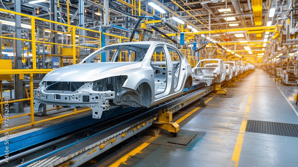 Obraz premium Automotive factory engineer at car assembly line with futuristic conveyor technology