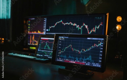 Broker or financial analyst monitors with stock charts and graphs. The monitors display stock movements in real time.