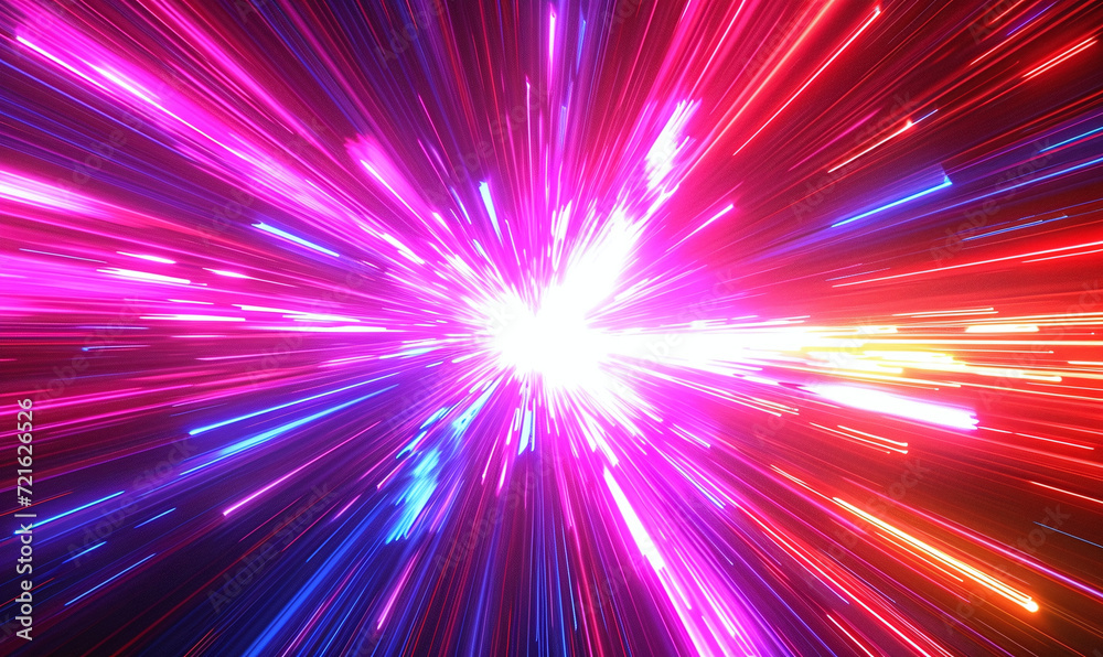 Bright neon colors simulate warp speed motion in a dark space, representing high-speed travel or data streaming Bright neon colors simulate warp speed motion in a dark space, representing high-speed travel or data streaming