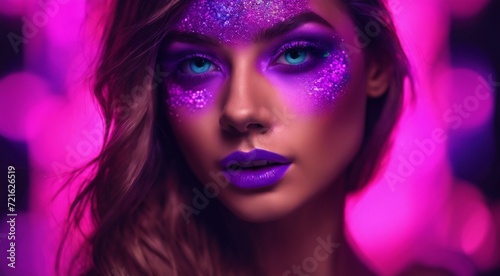 portrait of a woman with creative make up  pretty young woman UV Neon Pigment Makeup Fluorescent colors  dark background  UV makeup