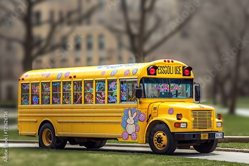 A cheerful yellow school bus, set against a blurred background of an urban park in spring, is festooned with vibrant Easter banners and streamers. The bus displays a joyful array of Easter eggs photo