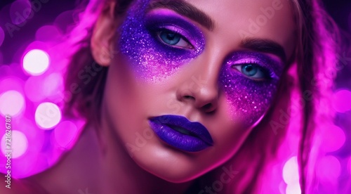 portrait of a woman with creative make up  pretty young woman UV Neon Pigment Makeup Fluorescent colors  dark background  UV makeup