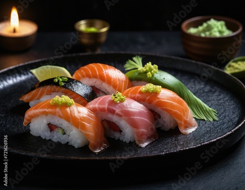 Nigiri sushi on a plate. A beautiful picture for advertising.