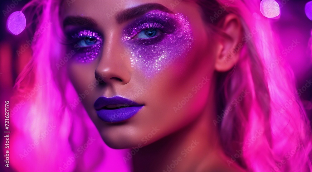 portrait of a woman with creative make up, pretty young woman UV Neon Pigment Makeup Fluorescent colors, dark background, UV makeup