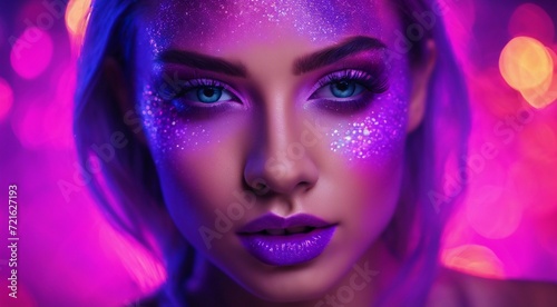 portrait of a woman with creative make up  pretty young woman UV Neon Pigment Makeup Fluorescent colors  dark background  UV makeup