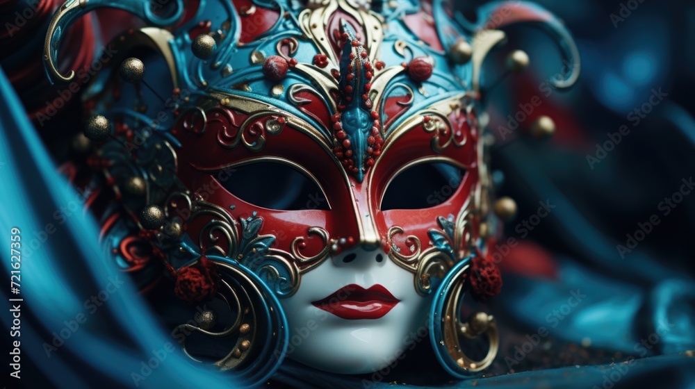 A vibrant carnival unfolds colorful masks adorning people's faces, creating atmosphere of joy, festivity, mystery. mask showcase intricate designs, adding element of elegance to lively celebration.