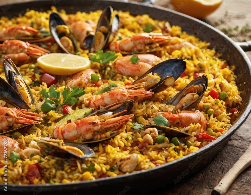 Traditional Spanish seafood paella in a frying pan. Close-up. Traditional Spanish seafood paella in a frying pan. Close-up.