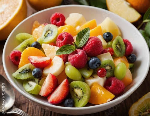 Salad with sliced sweet fruits and berries on a plate, bright attractive picture. Close-up.