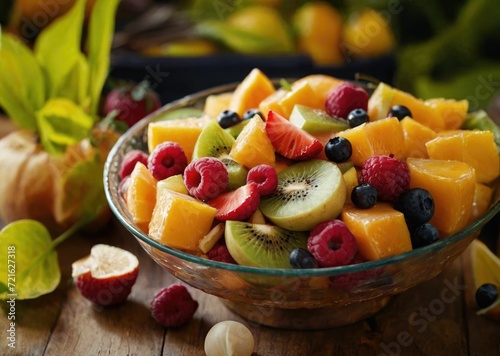 Salad with sliced sweet fruits and berries on a plate  bright attractive picture. Close-up.