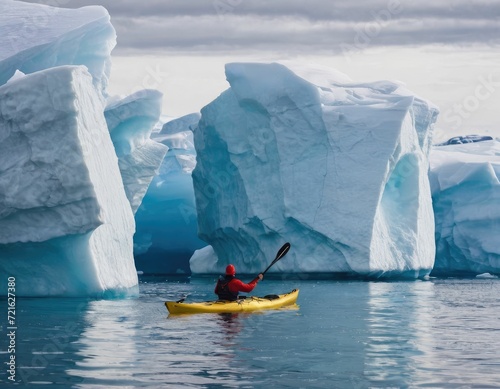 A lone kayaker among huge Arctic icebergs.